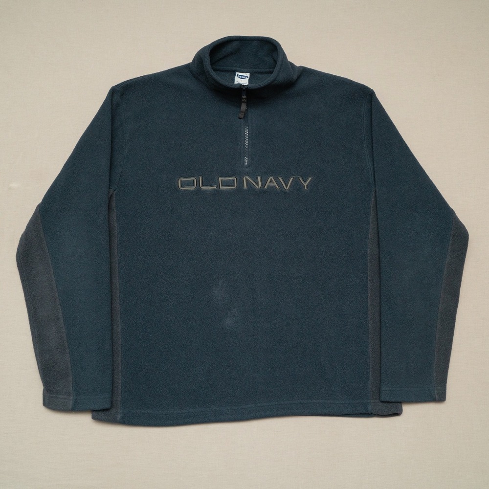 Vintage 90s Y2k Old Navy 1/4 Zip Embroidered Fleece Deep Blue Gray Adult L